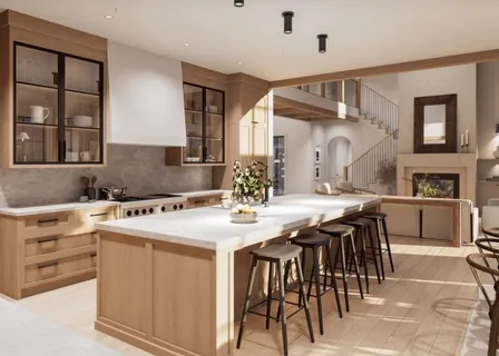 a kitchen with cabinets a sink and chairs