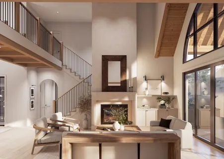 a living room with fireplace furniture and a large window