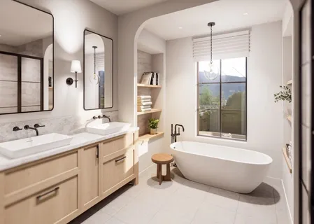 a bathroom with a double vanity sink a mirror a bathtub and next to a window