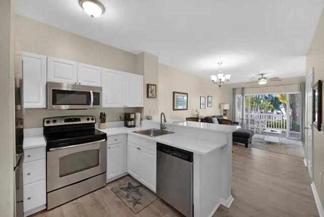 a kitchen with a sink stove and microwave