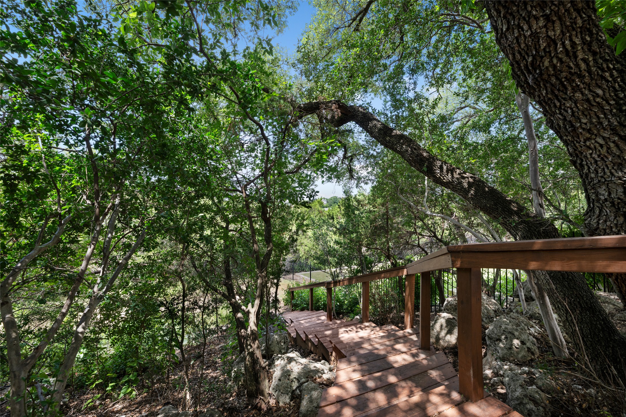 5319 Musket Ridge Austin, TX 78759 - Photo 33 of 39 A tranquil wood walkway winds through a lush, tree-filled landscape.