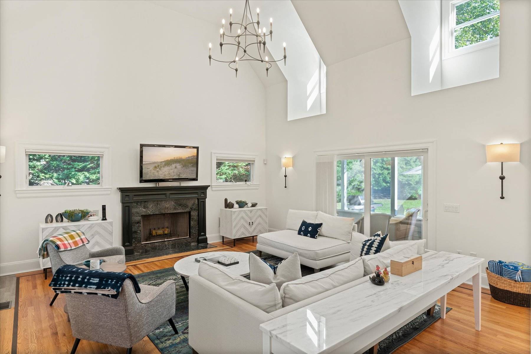 33 Post Fields Lane Quogue, NY 11959 - Photo 8 of 30 a living room with fireplace furniture and a flat screen tv