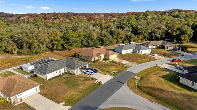 an aerial view of residential houses with outdoor space