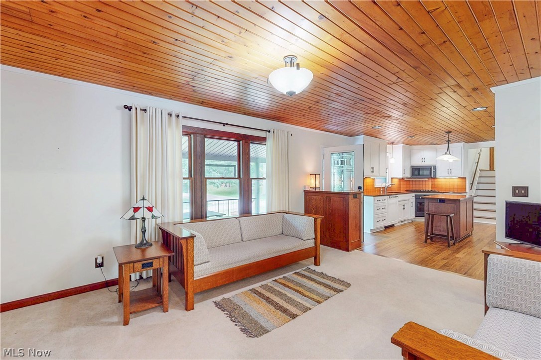 86532 North Bay Road Scio, OH 43988 - Photo 8 of 48 Living area featuring wood-finish ceiling, light-toned carpeting, and a window with wood trim
