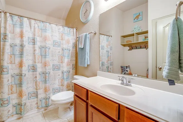 a bathroom with a sink toilet a mirror and shower curtain