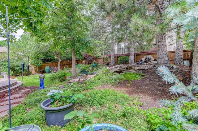 a view of a backyard with plants and a garden