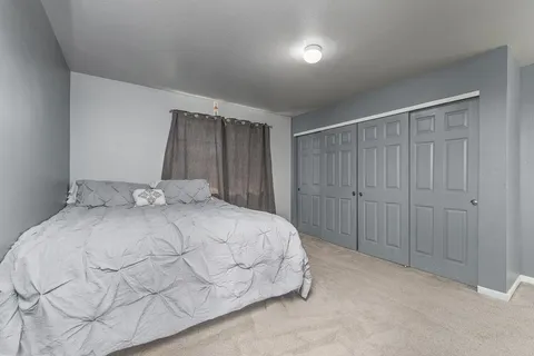 a bedroom with a bed and a closet