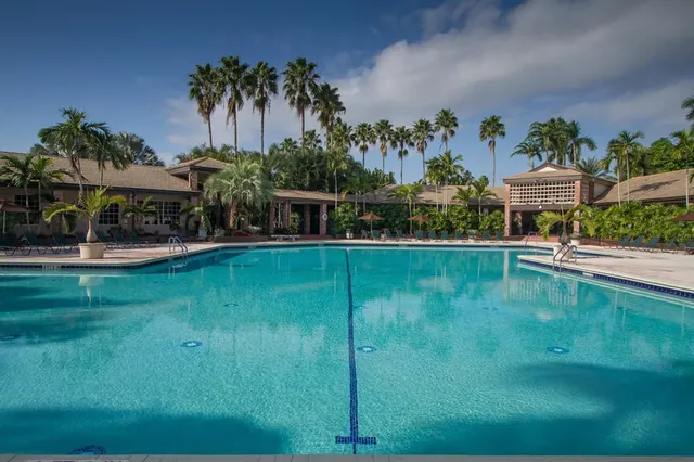 a view of a swimming pool with a garden