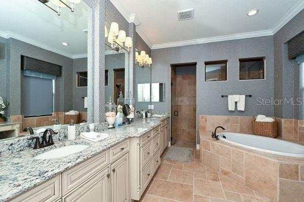 5507 Arnie Loop Lakewood Ranch, FL 34211 - Photo 32 of 68 a spacious bathroom with a granite countertop tub double vanity and a mirror