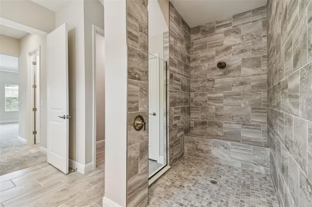 a bathroom with a sink a toilet a mirror a vanity and shower