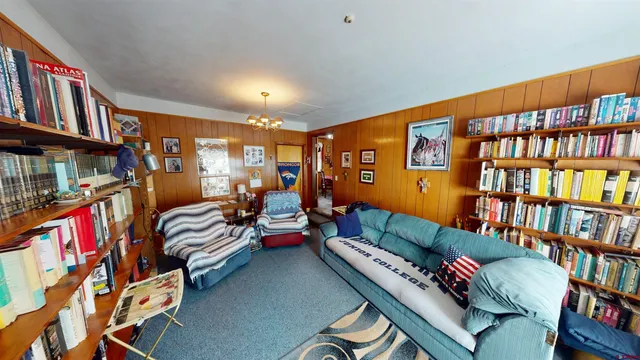 a living room with lots of furniture and a book shelf