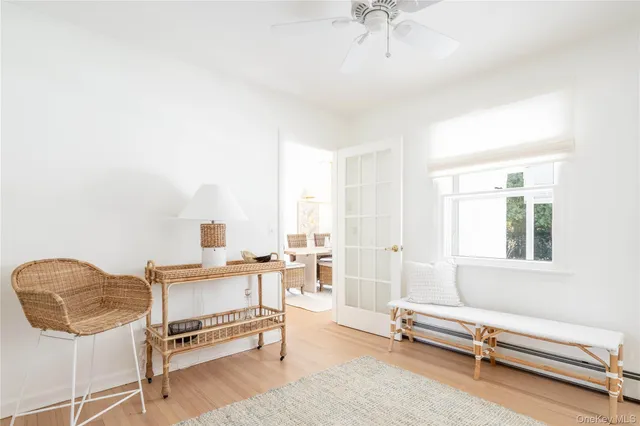 a living room with furniture a ceiling fan and a rug