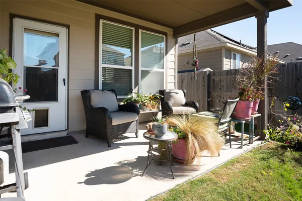 a building outdoor space with patio furniture
