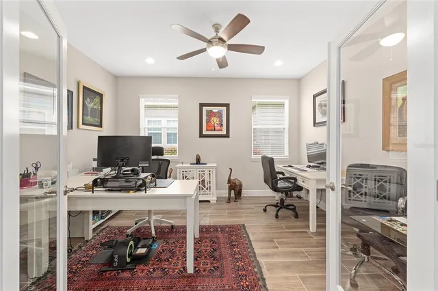 a workspace with furniture