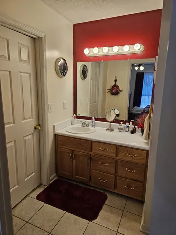 a bathroom with a sink vanity and a mirror