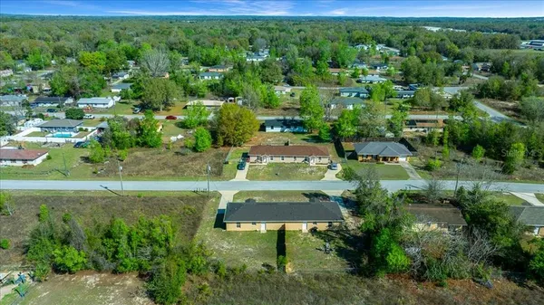 an aerial view of a house with a mountain