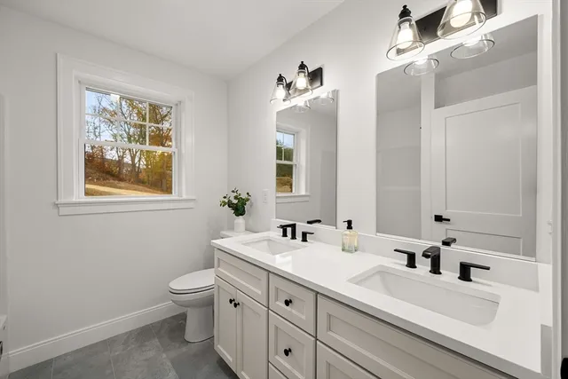 a bathroom with a toilet sink and mirror