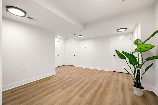 a view of a room with wooden floor and a potted plant