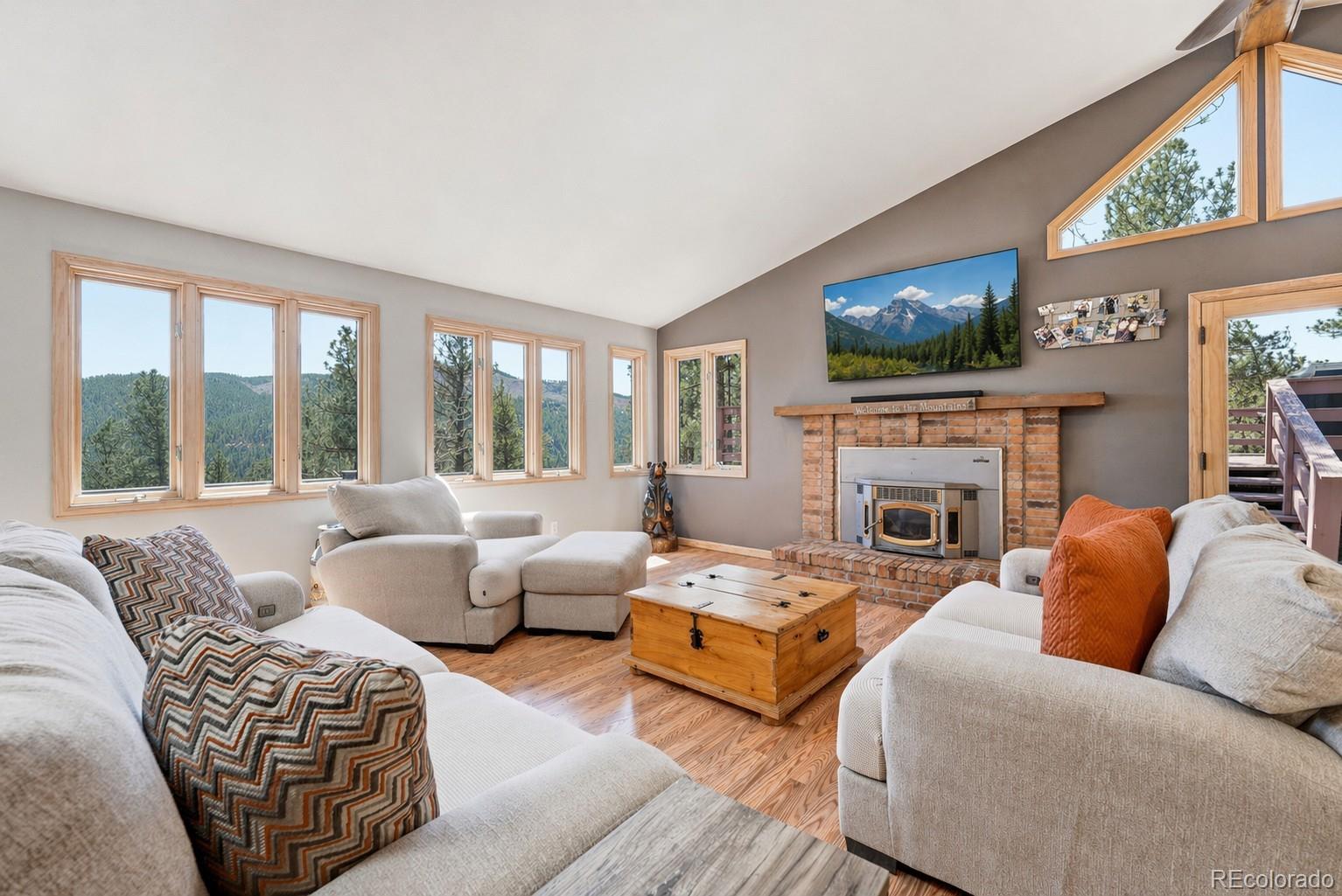 16687 Ouray Road West Pine, CO 80470 - Photo 11 of 49 a living room with furniture a flat screen tv and a fireplace