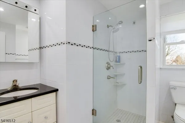 a bathroom with a granite countertop sink a toilet and shower