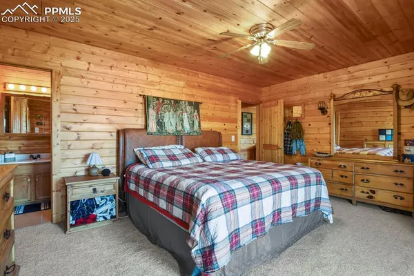 a bedroom with a bed and a ceiling fan