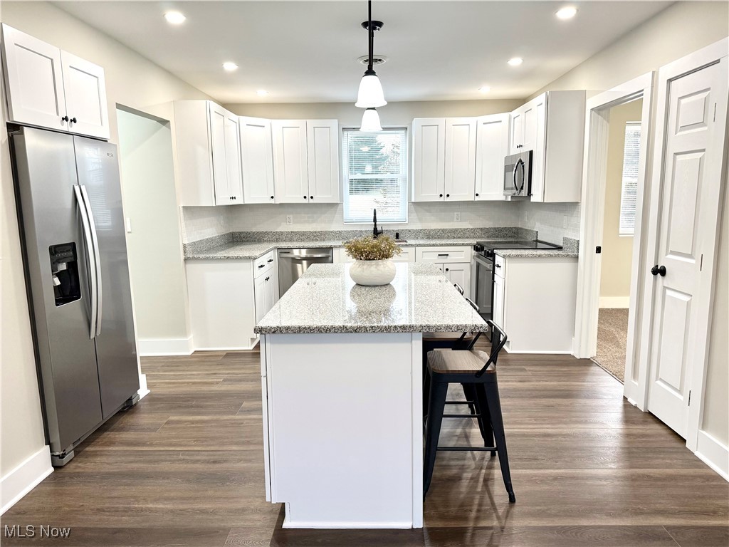 4670 Sandy Lake Road Ravenna, OH 44266 - Photo 8 of 26 Kitchen with a breakfast bar, a sink, appliances with stainless steel finishes, a center island, and dark wood finished floors