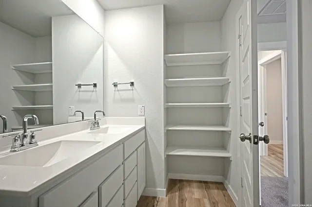 a bathroom with a sink and a mirror