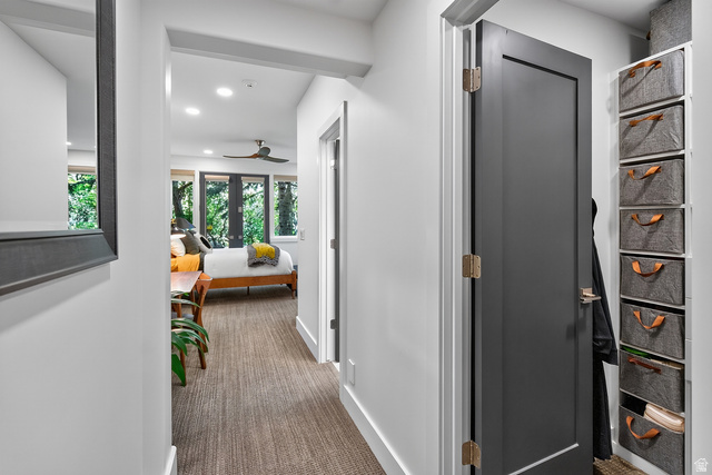 11454 South Oberland Road Sandy, UT 84092 - Photo 52 of 103 Hallway featuring carpet flooring, recessed lighting, and a dark-paneled door