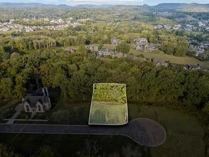 an aerial view of residential houses with outdoor space and trees
