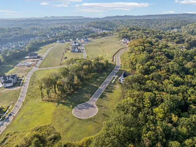 an aerial view of residential houses with outdoor space and lake view