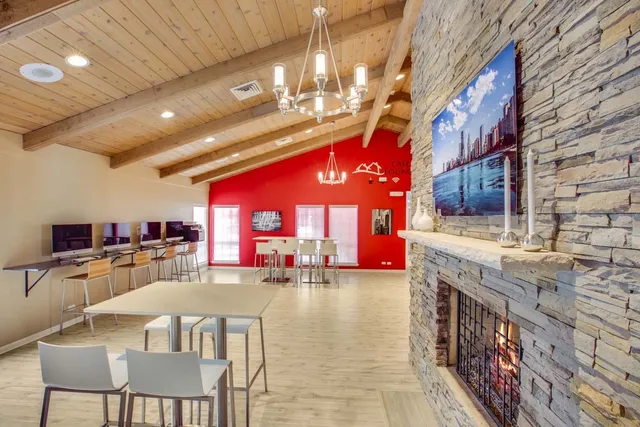 a lobby with a chandelier