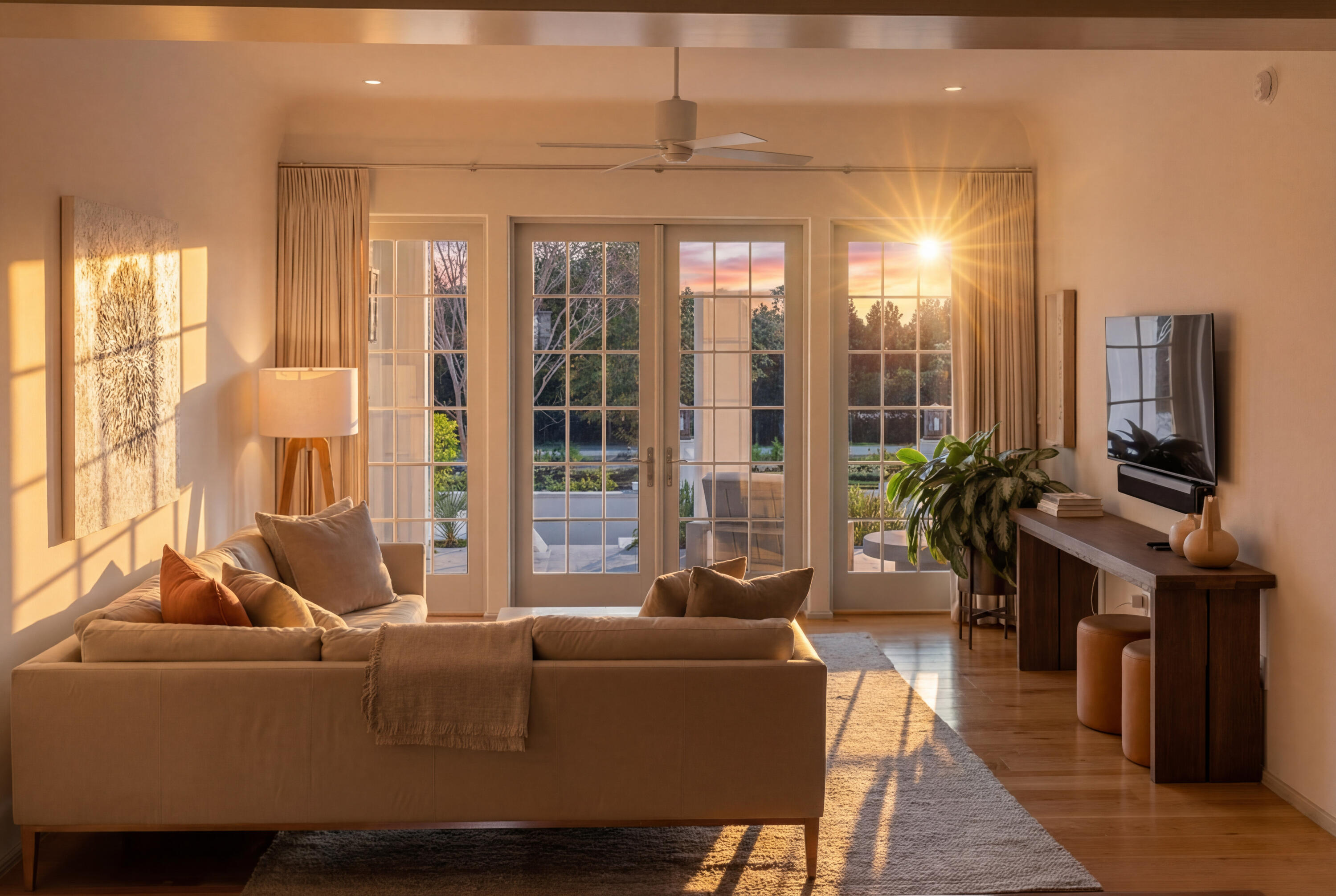 45 West Solaire Way Inlet Beach, Unit 107 Inlet Beach, FL 32461 - Photo 47 of 47 a living room with furniture a flat screen tv and a floor to ceiling window