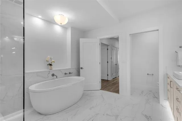 a bathroom with a bathtub and shower