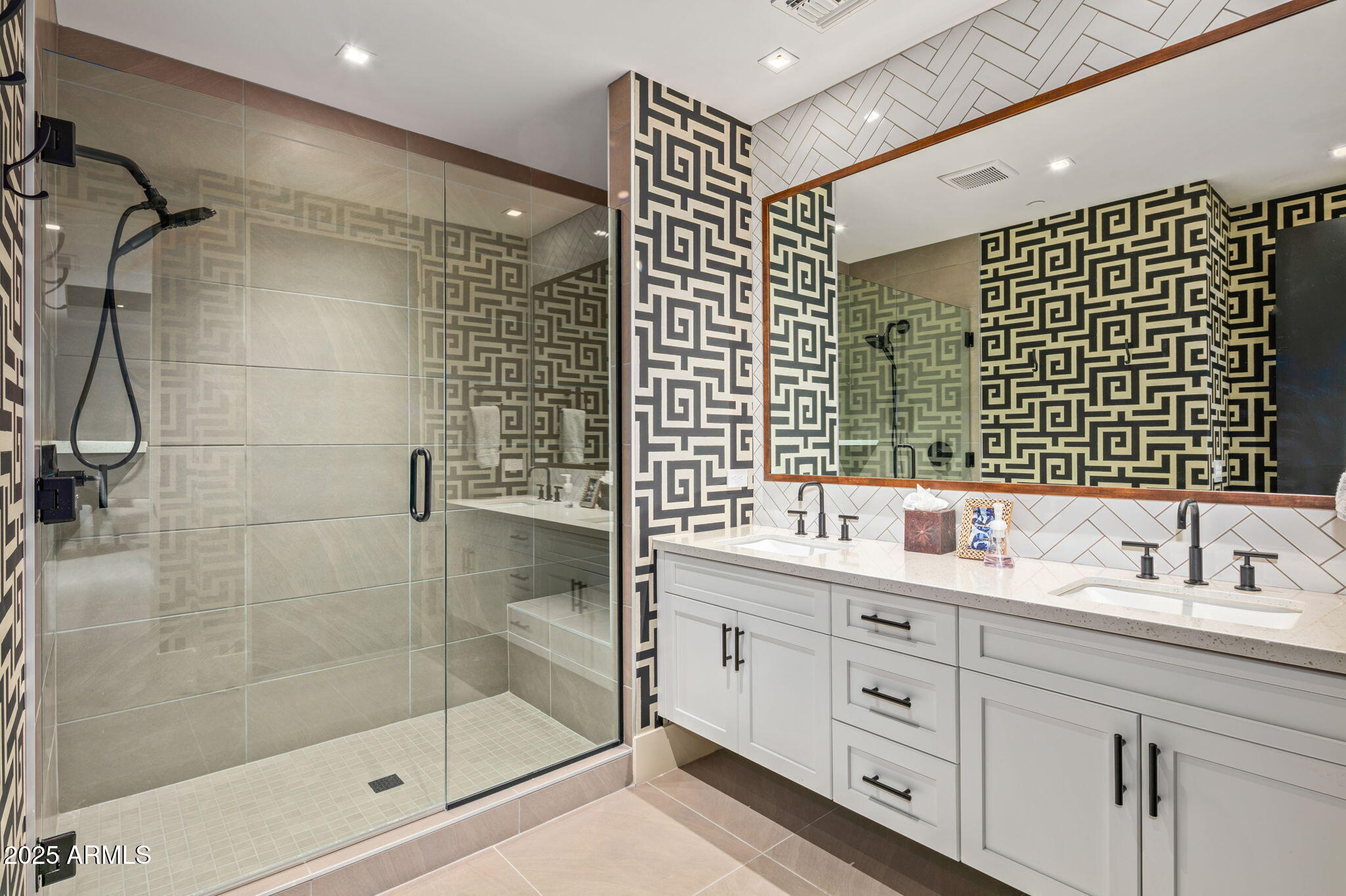 37200 North Cave Creek Road, Unit 1126 Scottsdale, AZ 85262 - Photo 22 of 28 a bathroom with a double vanity sink mirror and shower