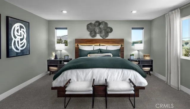 a bedroom with a bed and a lamp with window