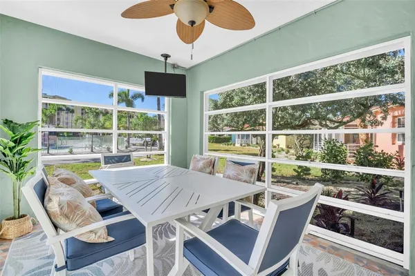 a view of a dining room with furniture window and outside view