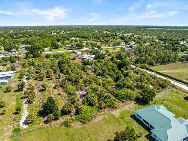 an aerial view of residential houses with outdoor space and trees