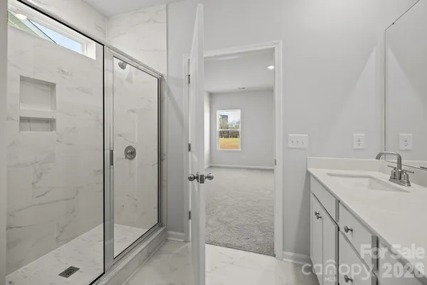 a bathroom with a shower sink and mirror