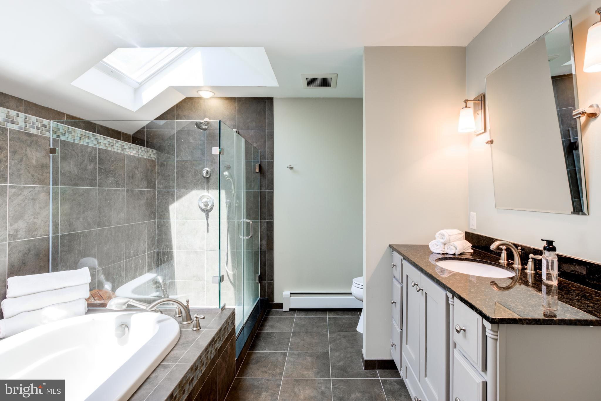 420 Accomac Road Wyncote, PA 19095 - Photo 37 of 82 a bathroom with a granite countertop sink a mirror and a bathtub