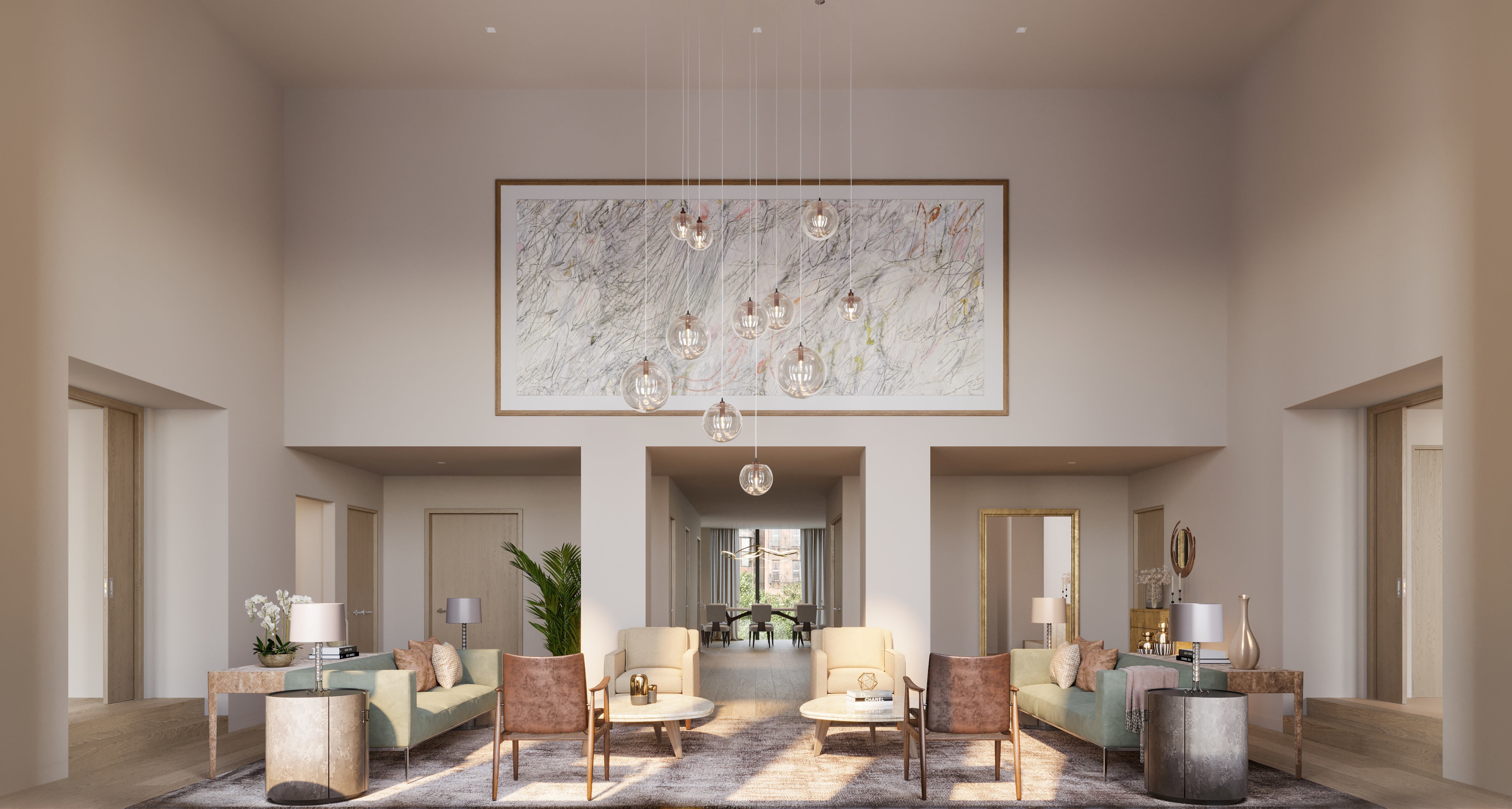 a view of a living room filled with furniture and a painting