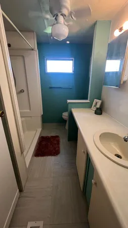 a bathroom with a sink a toilet and mirror