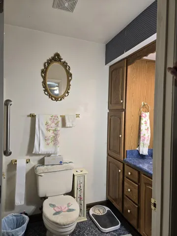 a bathroom with a toilet a sink and mirror