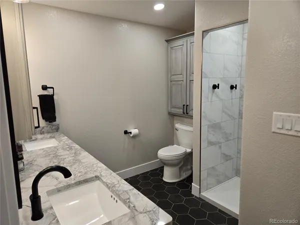 a bathroom with a sink a toilet and shower