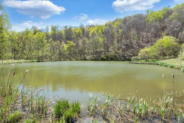 a view of lake with green space