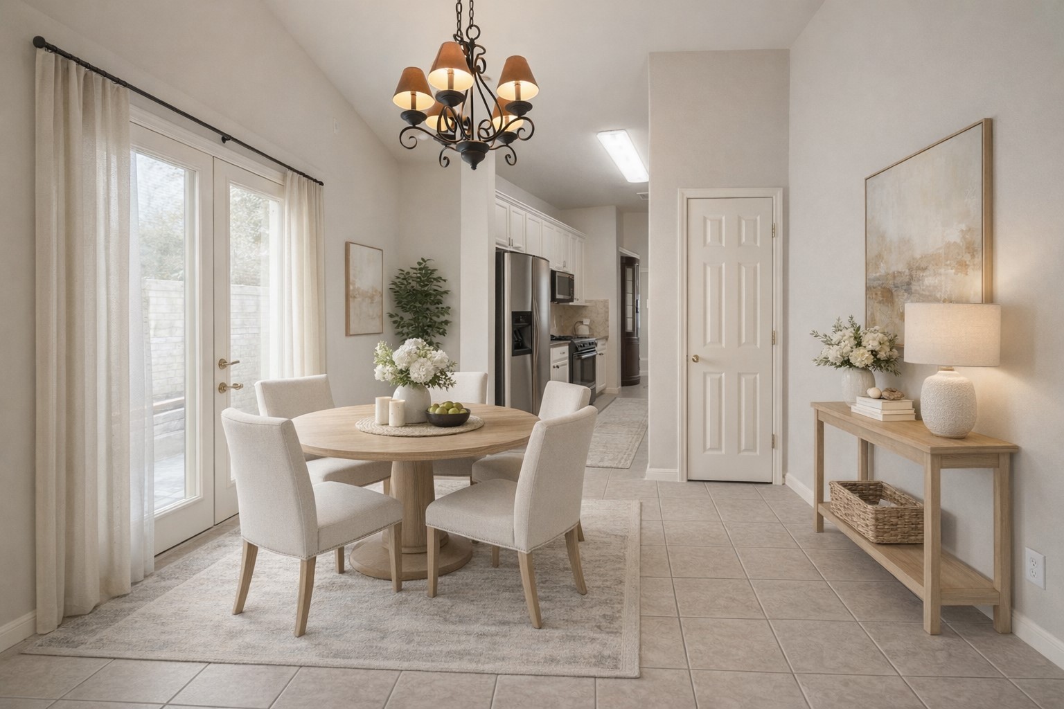 a view of a dining room with furniture and chandelier