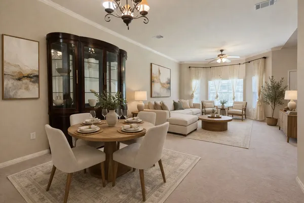 a living room with furniture and a chandelier