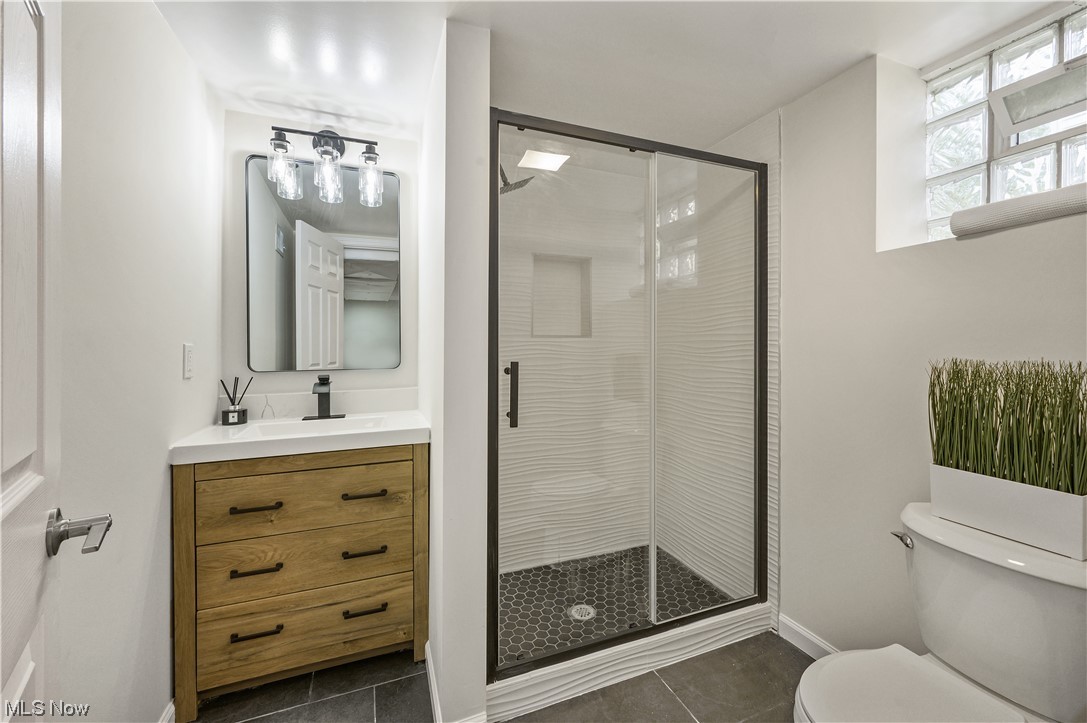 1606 Maple Road Cleveland Heights, OH 44121 - Photo 25 of 30 Partially finished basement offers options for family/recreation room or working space and renovated full bathroom(2023) with walk-in shower, sliding shower door and single vanity