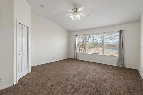 an empty room with a bathroom