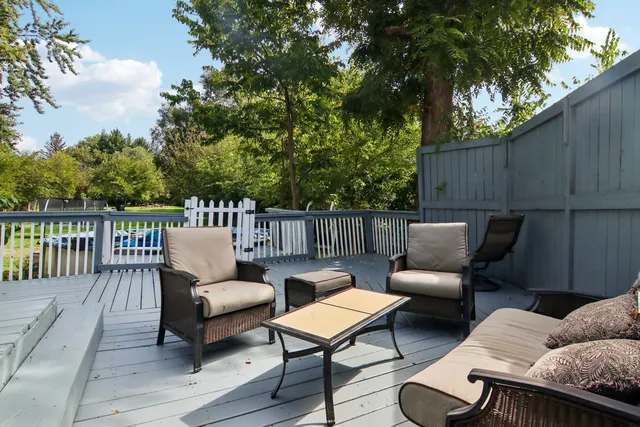 a view of a park with large trees