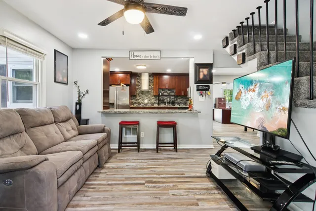 a view of a dining room with furniture